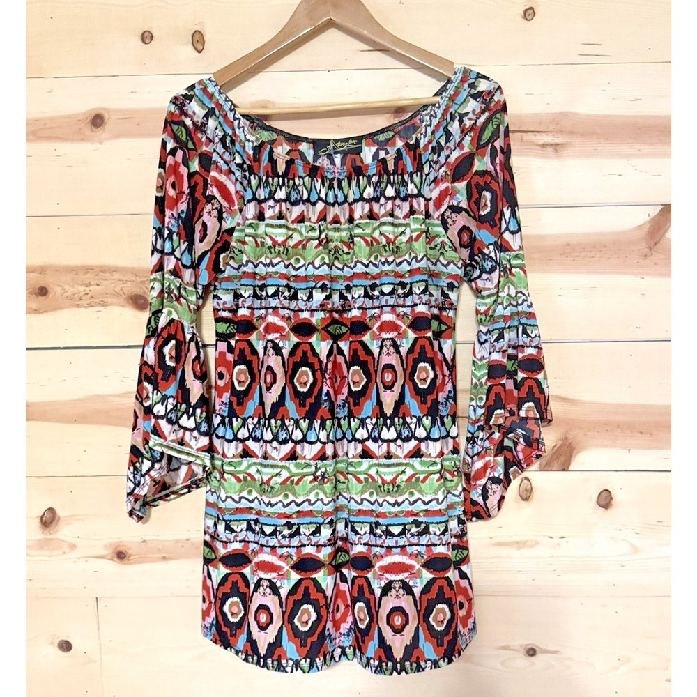 Astoria Born Boho Tribal Print Tunic Dress Women's M Bell Sleeve Peasant